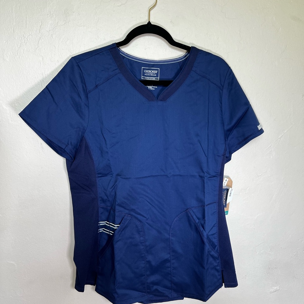 Cherokee Blue Fitted Scrub Top Short Sleeve